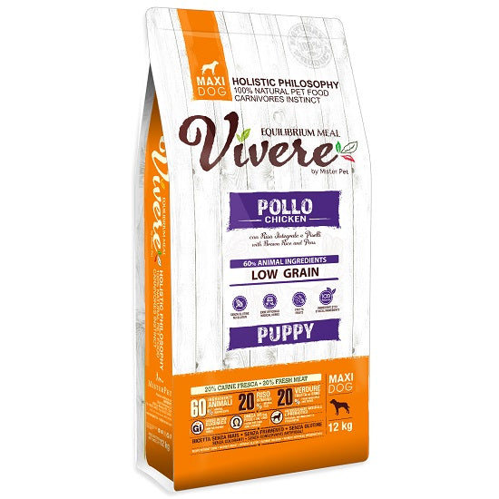 Vivere Low Grain Dog Puppy Maxi | Crocchette Pollo per Cuccioli Taglia Grande 3 kg – Senza Glutine, 60% Ingredienti Animali