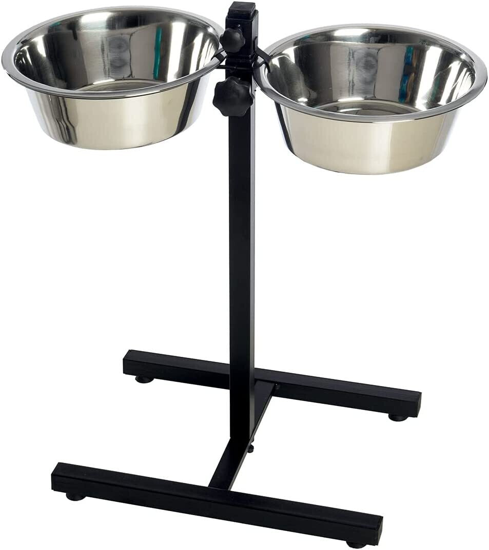 Supporto in metallo per ciotole regolabile a due posti compreso ciotole in acciaio inox 1800 ml.
mis.fino a 55 cm dal pavimento