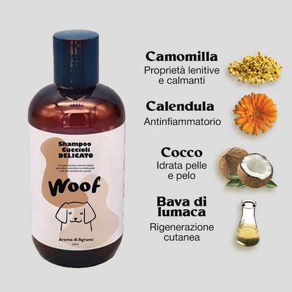 Shampoo Cuccioli Delicato Woof - Naturale con Camomilla, Calendula e Bava di Lumaca 200ml