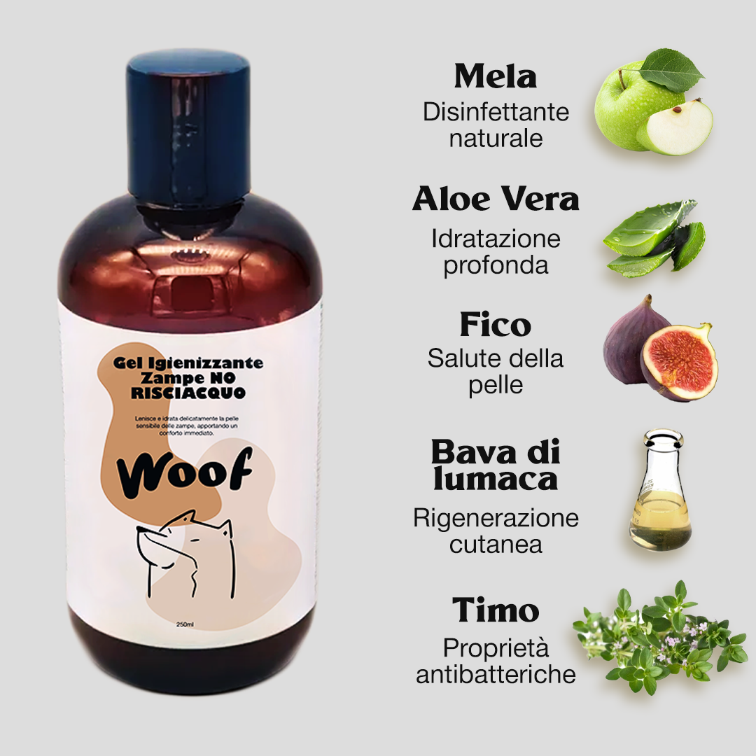 Gel Igienizzante Zampe WoofCare Senza Risciacquo - Formula con Aloe Vera e Bava di Lumaca 250ml