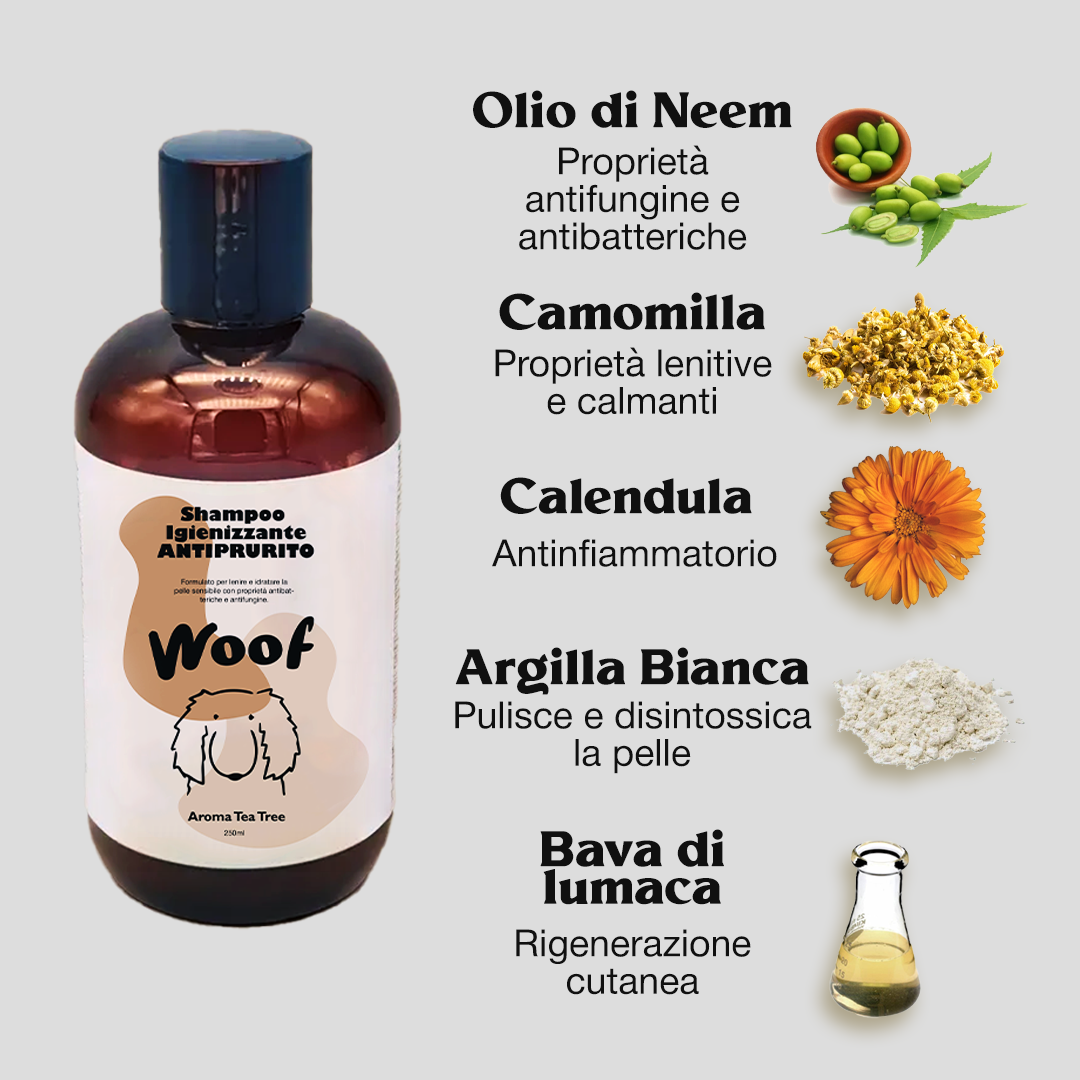 Shampoo Igienizzante Antiprurito WoofCare - Formula Lenitiva con Camomilla e Neem per Cane e Gatto