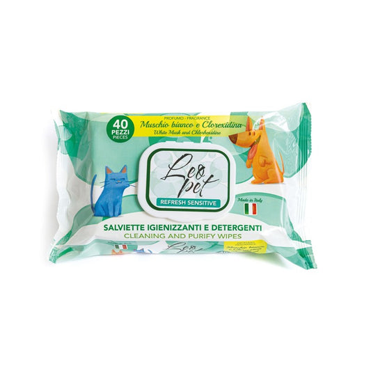 Leo Pet -Salviette Igieniche per Cane/Gatto Muschio e Clorexidina da 40 Pz. con chiusura ermetica.