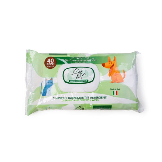 Leo Pet -Salviette Igieniche per Cane/Gatto all'Olio essenziale di Tea Tree da 40 Pz. con chiusura ermetica.