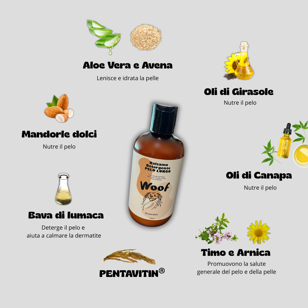Balsamo Detergente WoofCare per Pelo Lungo - Shampoo 2 in 1 Anti-Nodi Cane e Gatto 250ml