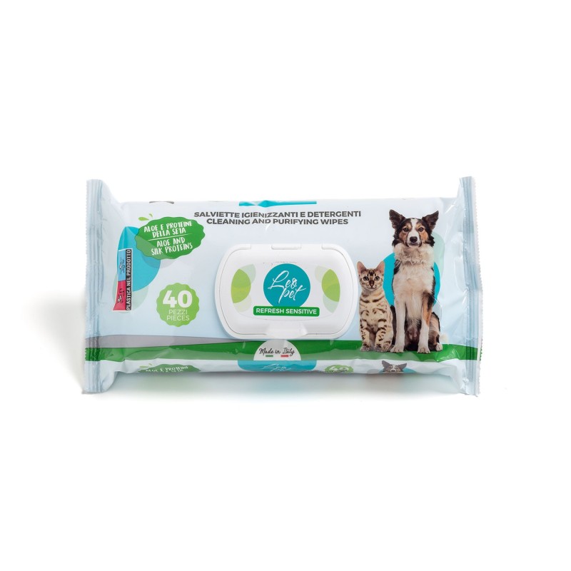 Leo Pet -Salviette Igieniche per Cane/Gatto Aloe e proteine della seta da 40 Pz. con chiusura ermetica.