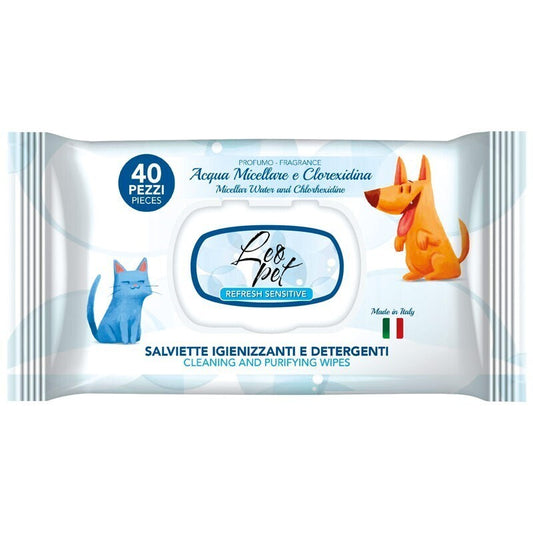 Leo Pet -Salviette Igieniche per Cane/Gatto Acqua micellare e Clorexidina da 40 Pz. con chiusura ermetica.