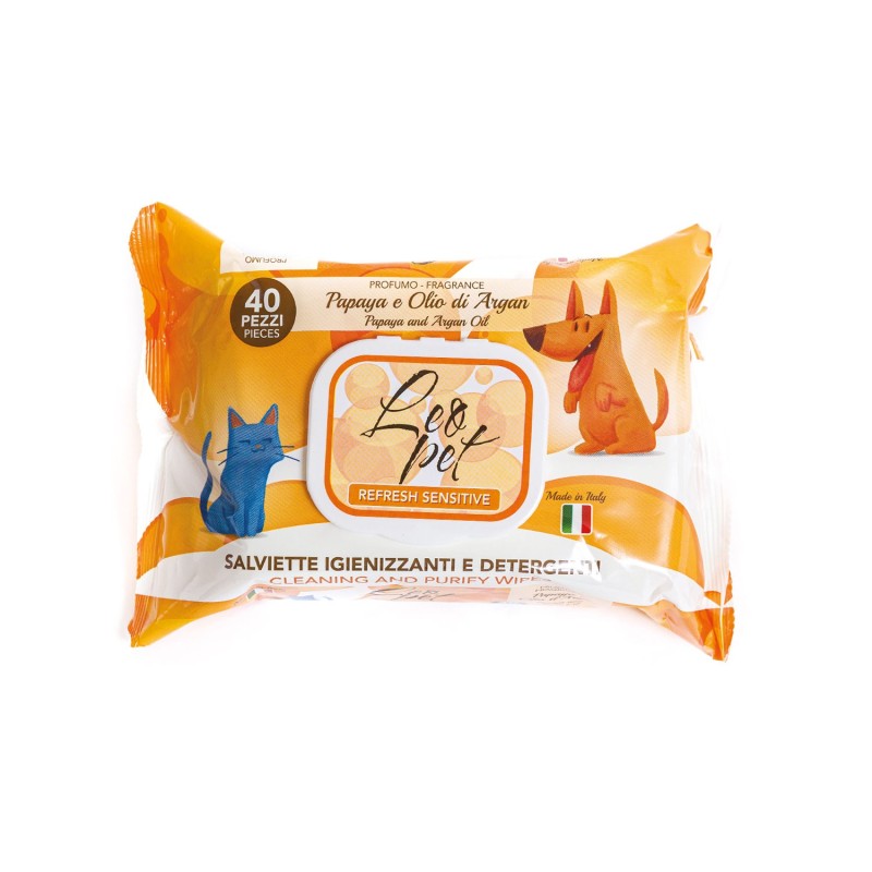 Leo Pet -Salviette Igieniche per Cane/Gatto Papaya e olio d'Argan da 40 Pz. con chiusura ermetica.