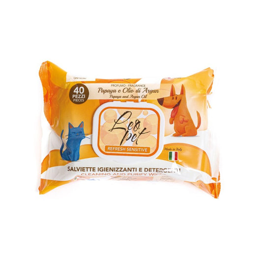 Leo Pet -Salviette Igieniche per Cane/Gatto Papaya e olio d'Argan da 40 Pz. con chiusura ermetica.