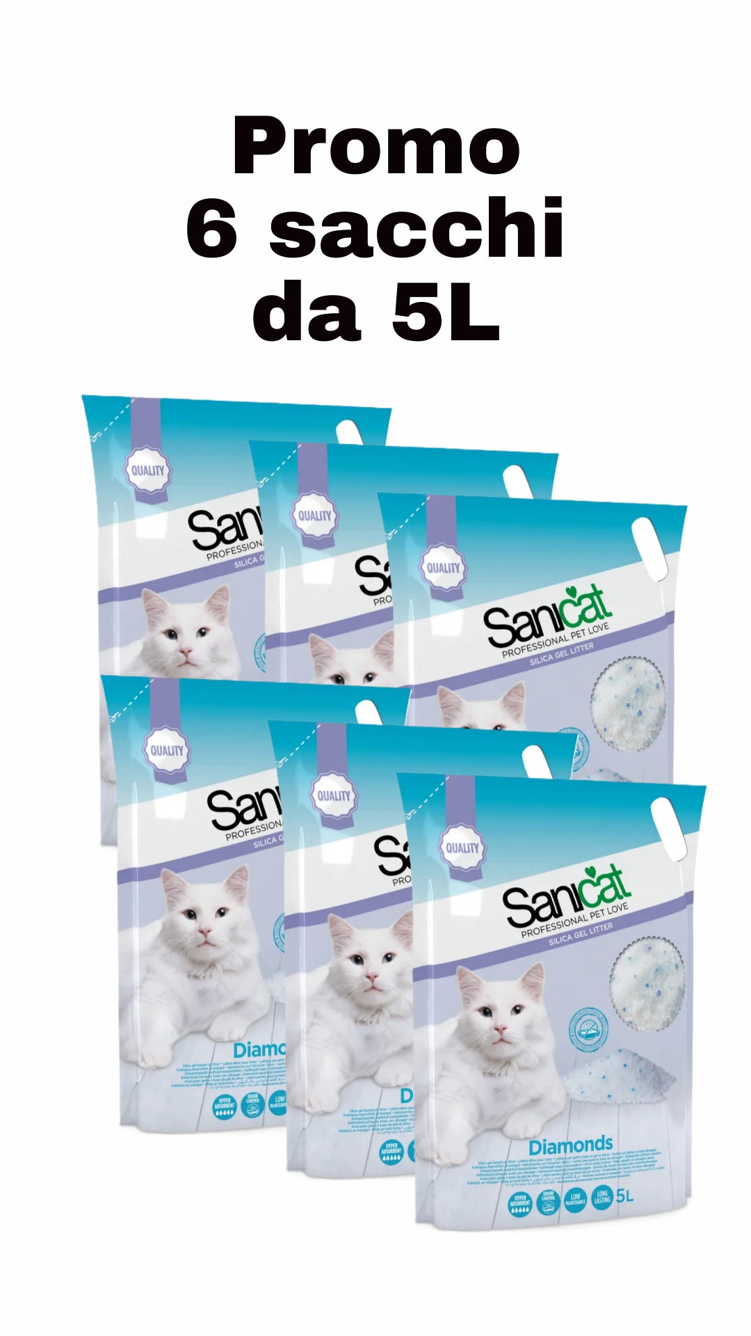 Sanicat Diamonds Fresh – Lettiera in Silicio per Gatti | Bundle 6x5L (30L) | Cattura Odori & Priva di Polvere