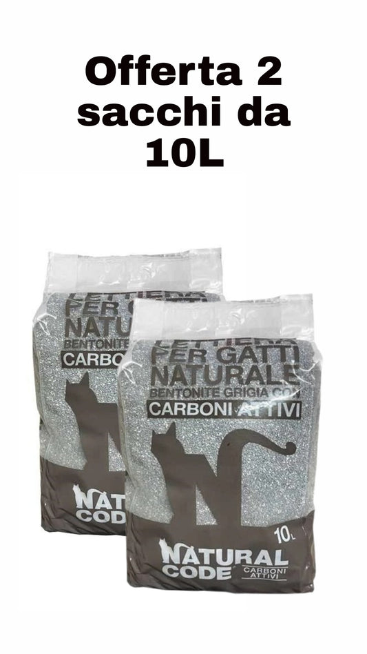 Natural Code - Lettiera Bentonite con Carboni Attivi 10L Gatti | Controllo Odori Superiore 100% Naturale confezione 2 buste