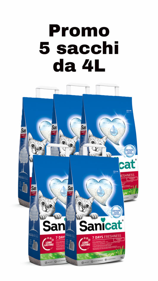 Lettiera per Gatti Sanicat 7 Days Freshness Aloe Vera | Offerta Scorta 5 Confezioni da 4L (20L Totali)