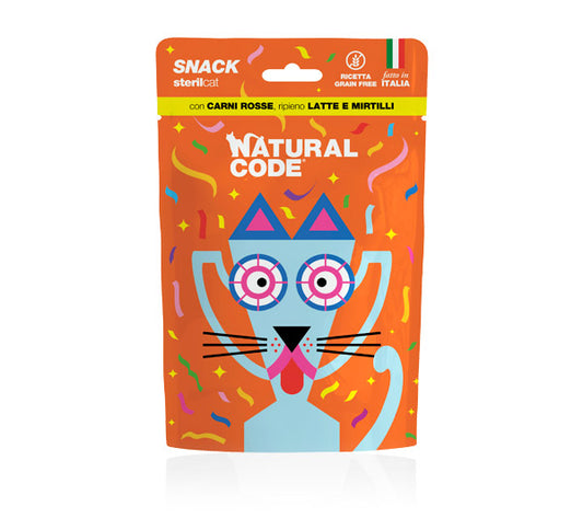 Natural Code Snack Steril Cat
Carni Rosse ripieno di Latte e Mirtilli
60 gr.
