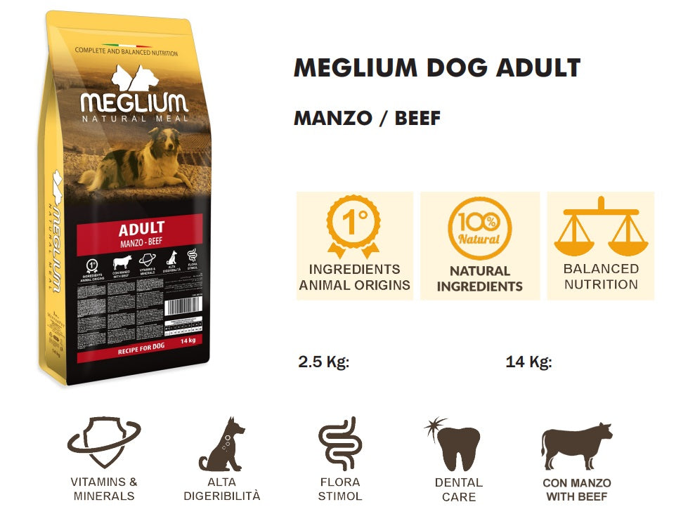 Meglium Gold Adult Manzo 14kg - Crocchette Premium con 31% Carni per Cani Adulti