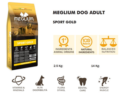 Meglium Gold Sport 15kg - Crocchette Premium con 40% Carni per Cani Attivi e Sportivi