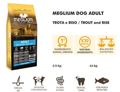 Meglium Gold Trota e Riso Sensitive 14 kg - Crocchette Light per Cani con Intolleranze