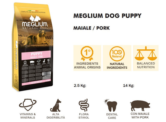 Meglium Gold Puppy Suino  2.5 kg.- Crocchette Premium per Cuccioli con 32% Proteine